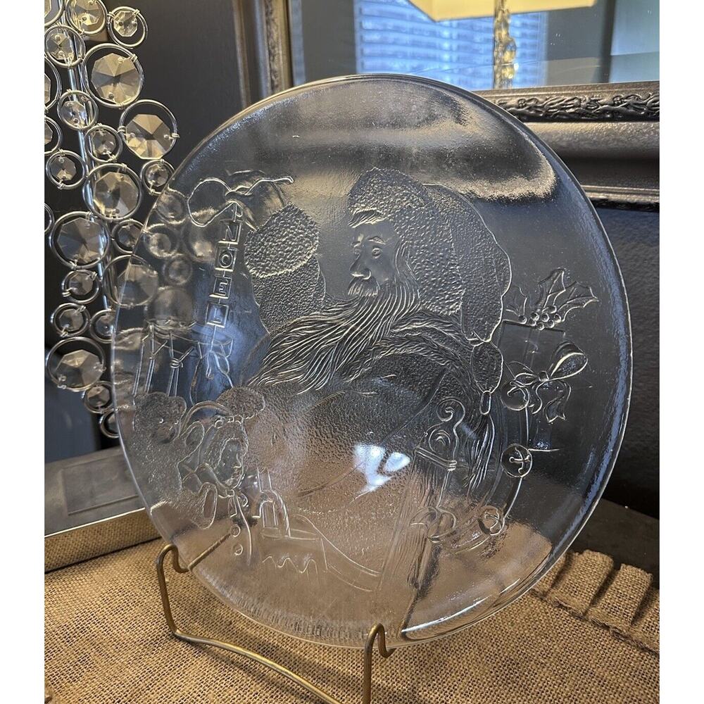 Vintage Libbey 13” Serving Platter Santa Claus Christmas Noel Etched Glass Serve